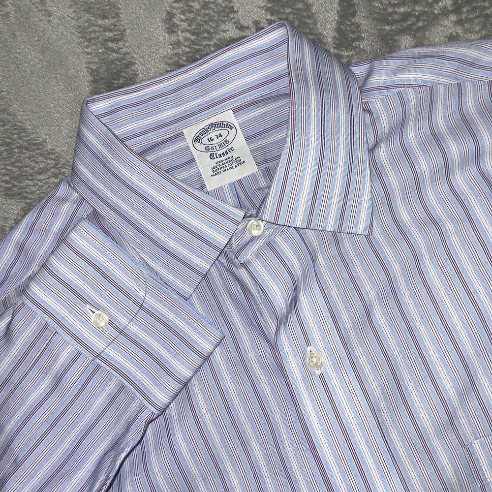 Brooks Brothers Men's 16 34 (Large) Classic‎ Supima Button Up Shirt Striped Blue